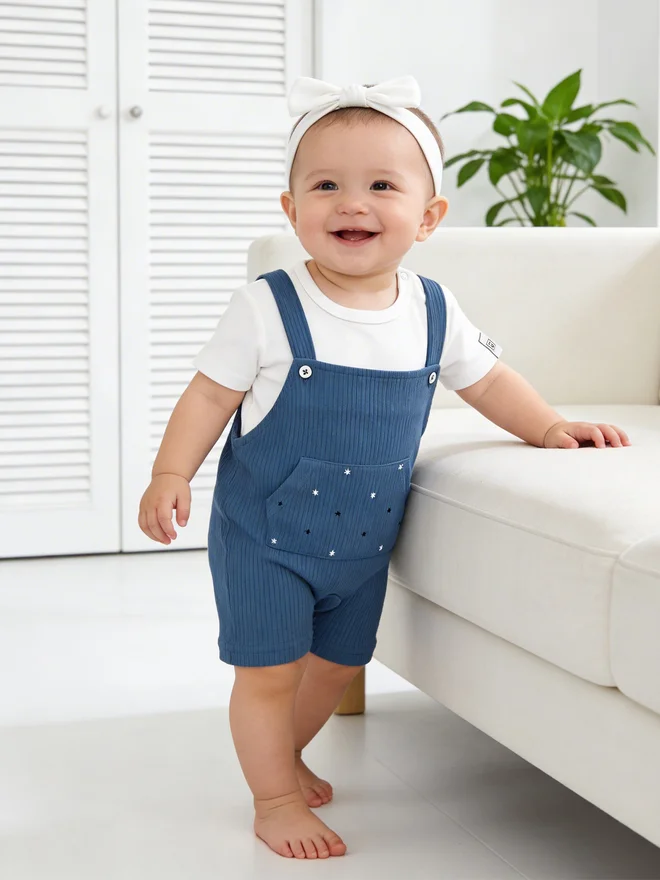 بابيز_بيسك Babies Basic Premium Ribbed Cotton Dungaree with Short Sleeves T-Shirt