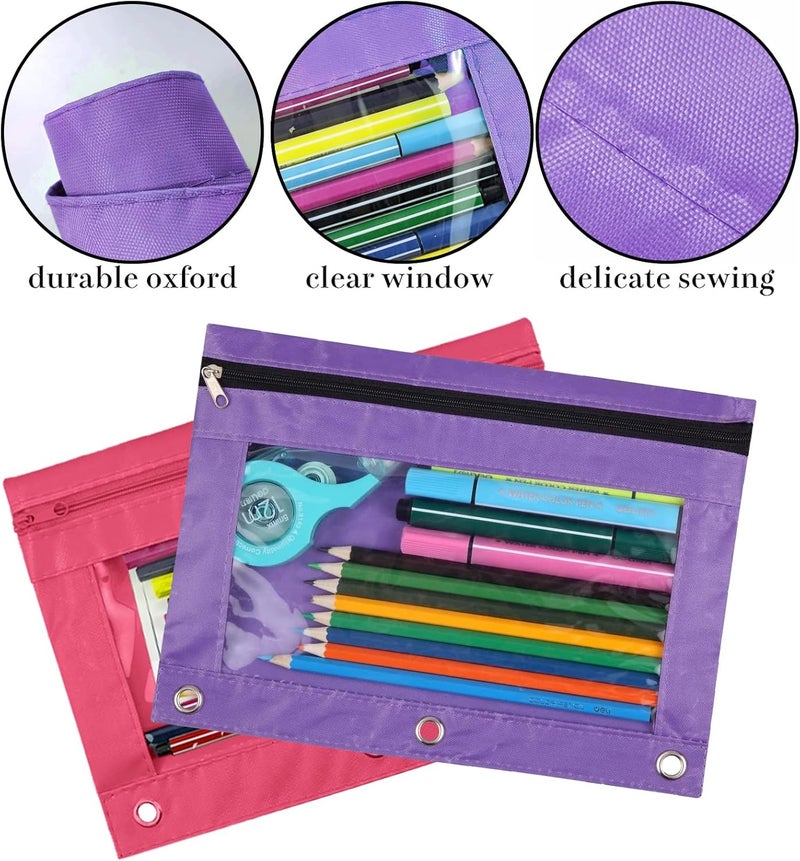 WODISON 3-Ring Pen Pencil Pouch with Clear Window Stationery Bag Binder Case Classroom Organizers Pink - Image 3