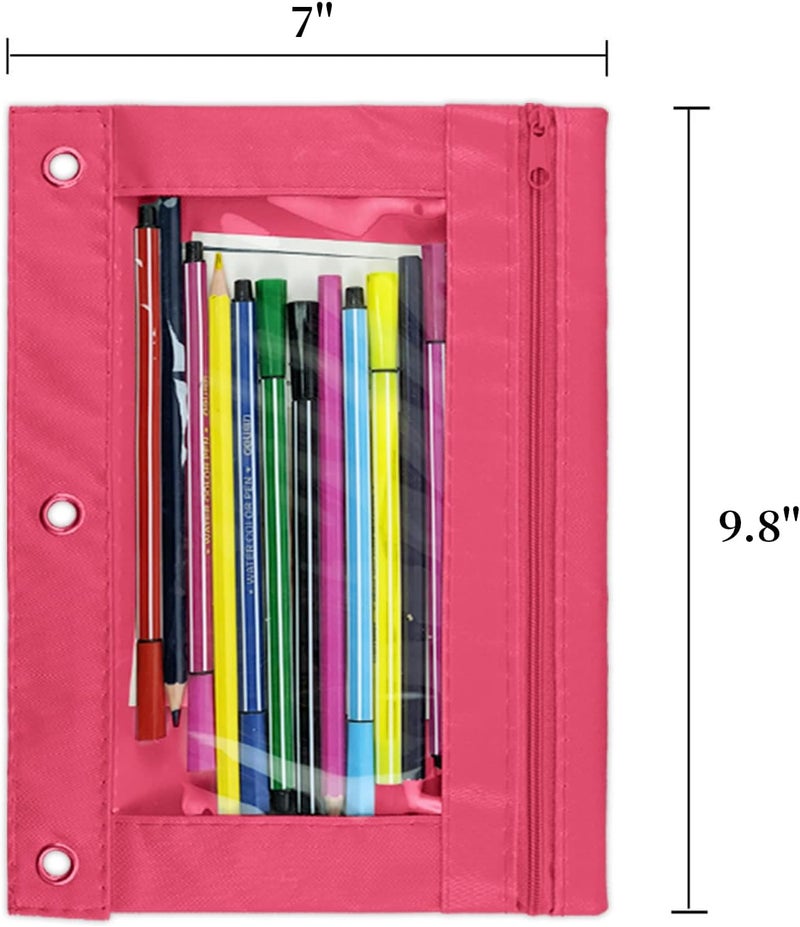WODISON 3-Ring Pen Pencil Pouch with Clear Window Stationery Bag Binder Case Classroom Organizers Pink - Image 2