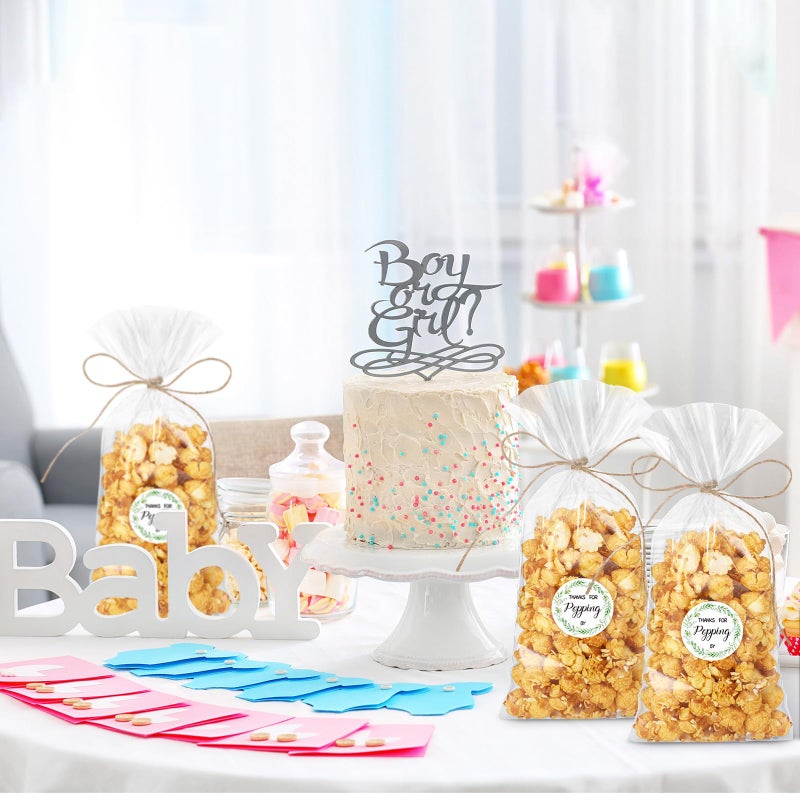 Chivertion 100 Sets Clear Popcorn Favor Bags Baby Shower Thank You Tags Natural Twine 4.9 x 10.8'' Clear Goodie Bag Favor Sticker 328 ft Packing String for Crafts Gift(Classic Style) - Image 5