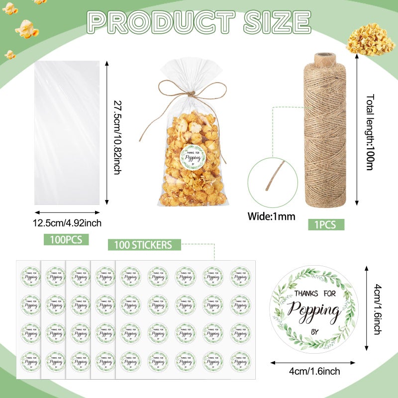 Chivertion 100 Sets Clear Popcorn Favor Bags Baby Shower Thank You Tags Natural Twine 4.9 x 10.8'' Clear Goodie Bag Favor Sticker 328 ft Packing String for Crafts Gift(Classic Style) - Image 2