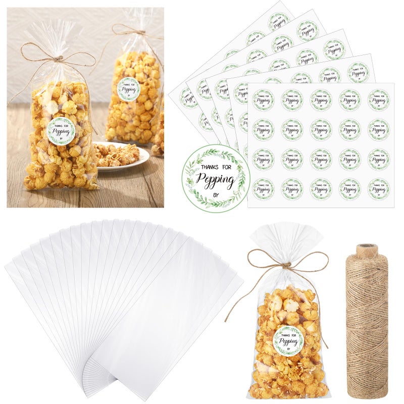 Chivertion 100 Sets Clear Popcorn Favor Bags Baby Shower Thank You Tags Natural Twine 4.9 x 10.8'' Clear Goodie Bag Favor Sticker 328 ft Packing String for Crafts Gift(Classic Style) - Image 1