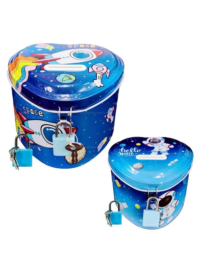 FunBlast Piggy Bank For Kids Space Money Saving Tin Coin Bank With Lock And Key Birthday Return For Boys & Girls, Money Bank, Coin Box For Kids, Metal Coin Box For Kids (Space), Multi - Image 1