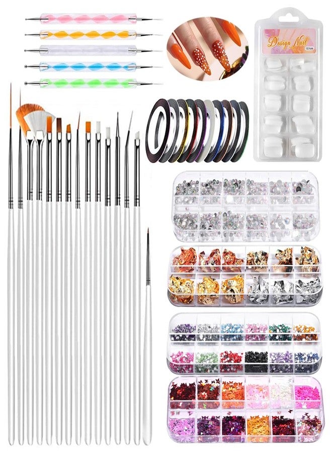 MAYCREATE® Nail Art Kit for Women 3D Nails Extension Kit with 100 Nails, 10 Nail Tapes, 15 Nail Art Brush, 5 Nail Dotting Pen, 4 Box Nail Gems Nail Glitter Foil Flakes for Nail Art Set - Image 1