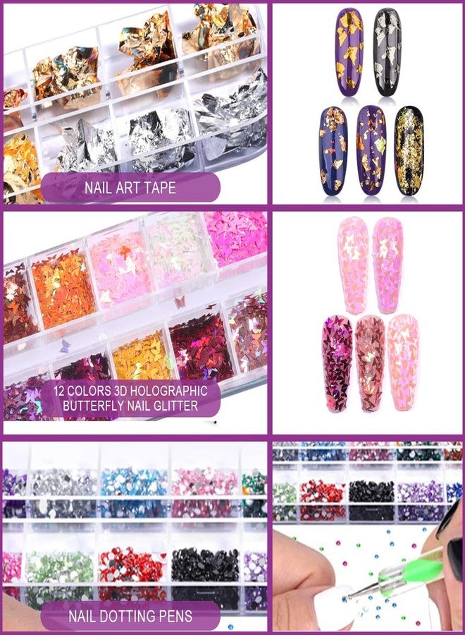 MAYCREATE® Nail Art Kit for Women 3D Nails Extension Kit with 100 Nails, 10 Nail Tapes, 15 Nail Art Brush, 5 Nail Dotting Pen, 4 Box Nail Gems Nail Glitter Foil Flakes for Nail Art Set - Image 5