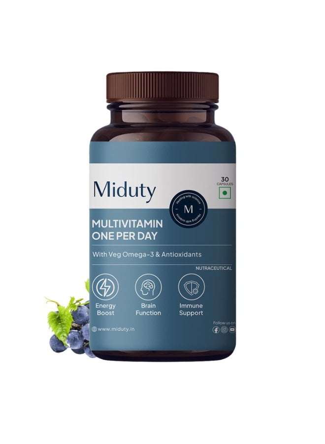 Miduty Multivitamin with Veg Omega 3 | Immunity Booster & Muscle Function for Men & Women | Daily Vitamin Supplement with DHA, A-Lipoic Acid, Grape Seed Extract, Magnesium - 30 Capsules - Image 1