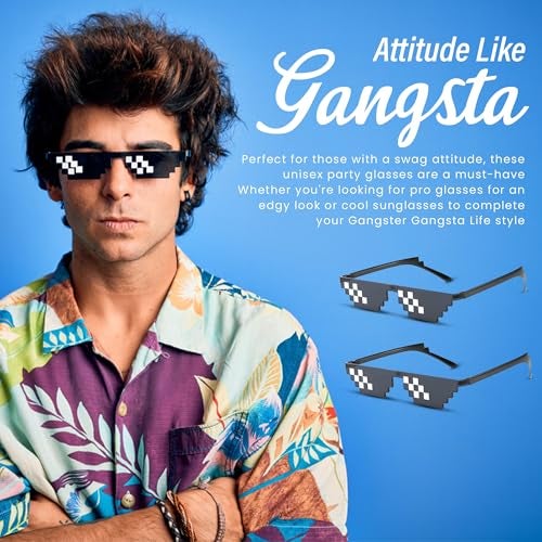 Homeaura Kids Non-Polarized Pixelated Party Swag Savage Glasses | Sigma Gangster Gangsta Goggles for Meme Party | Fun Stylish Cool Funky Sunglasses & Adults (Pack of 2), Black, M - Image 4