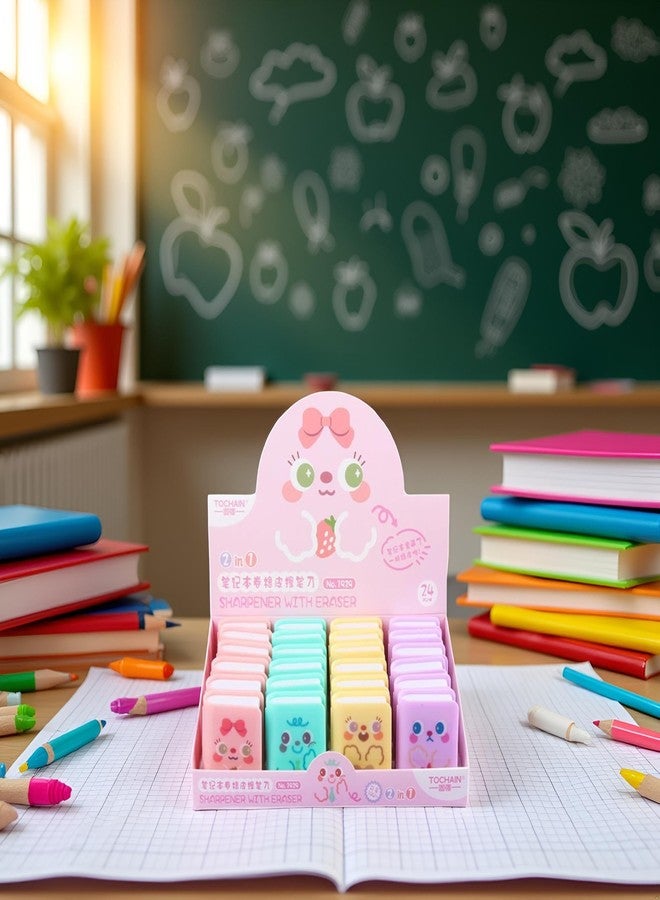 Qintreesify 4pcs Multicolour Cute Dual Purpose Book Pencil Sharpener Eraser, Cute Cartoon Student Eraser Pencil Cute,Office and School Supplies - Image 3