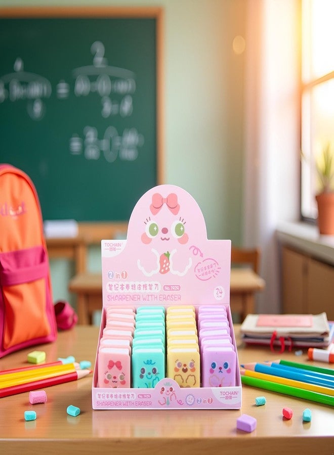 Qintreesify 4pcs Multicolour Cute Dual Purpose Book Pencil Sharpener Eraser, Cute Cartoon Student Eraser Pencil Cute,Office and School Supplies - Image 2