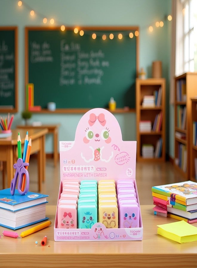Qintreesify 4pcs Multicolour Cute Dual Purpose Book Pencil Sharpener Eraser, Cute Cartoon Student Eraser Pencil Cute,Office and School Supplies - Image 5