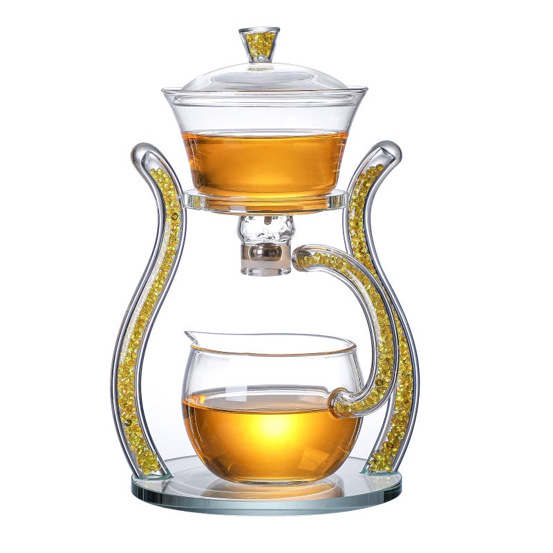 RORA Glass Teapot Set Semi Automatic Drip Rotating with Infuser Lazy Kungfu Tea pot Set Yellow