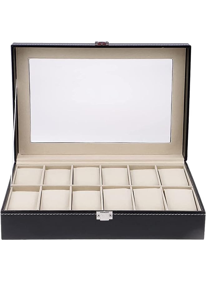 SKY-TOUCH 12 grid watch box，PU Leather Watch Case Watch Box for Men and Women，Watch Display Case with Glass Lids and Removable Pillow，Watch Display Storage Box as Gift for Valentines Day Birthday - Image 1