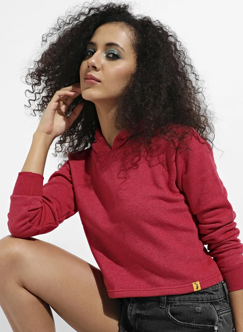 Campus Sutra Women's Red Cropped Hoodie With Contrast Drawstring For Casual Wear | Hooded Neck  | Long Sleeve | Drawstring Closure | Cotton Sweatshirt Crafted With Comfort Fit For Everyday Wear