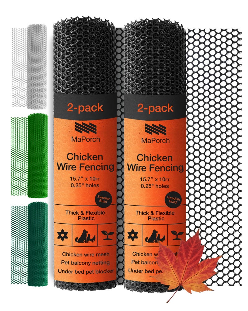 MaPorch Plastic Chicken Wire Mesh Fence - Black Mesh, 15.7 in x 10 ft - Quick-Install Chicken Wire Fencing - Plant Protectors from Animals - Durable Garden Netting - Pet & Poultry Netting (2-Pack) - Image 1
