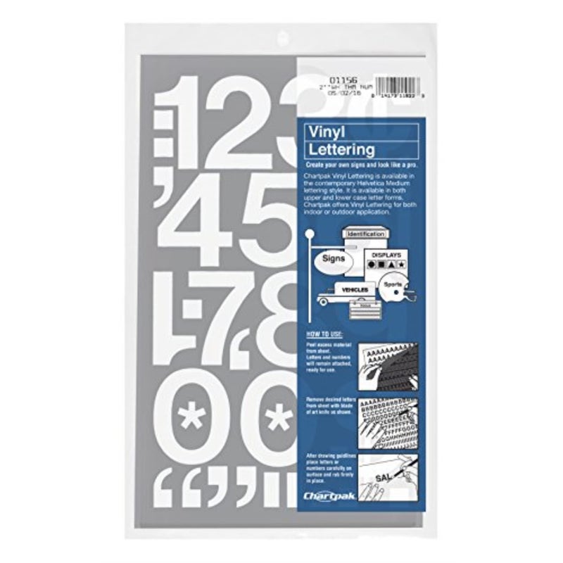 Chartpak Self-Adhesive Vinyl Numbers, 2 Inches High, White, 12 Numbers per Pack (01156) - Image 1