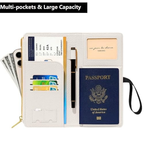 DOB SECHS Passport Holder for Travel Women RFID Blocking Leather Passport Wallet Travel Document Organizer Pouch Bag, Slim Passport Cover Case with Zipper Cash Pocket Purse+Card Slots+ID Window, White - Image 3