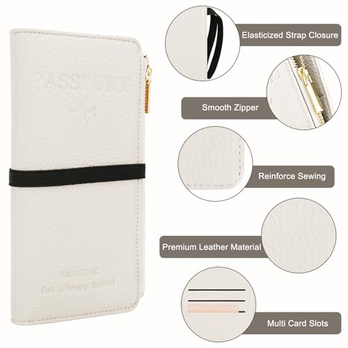 DOB SECHS Passport Holder for Travel Women RFID Blocking Leather Passport Wallet Travel Document Organizer Pouch Bag, Slim Passport Cover Case with Zipper Cash Pocket Purse+Card Slots+ID Window, White - Image 5