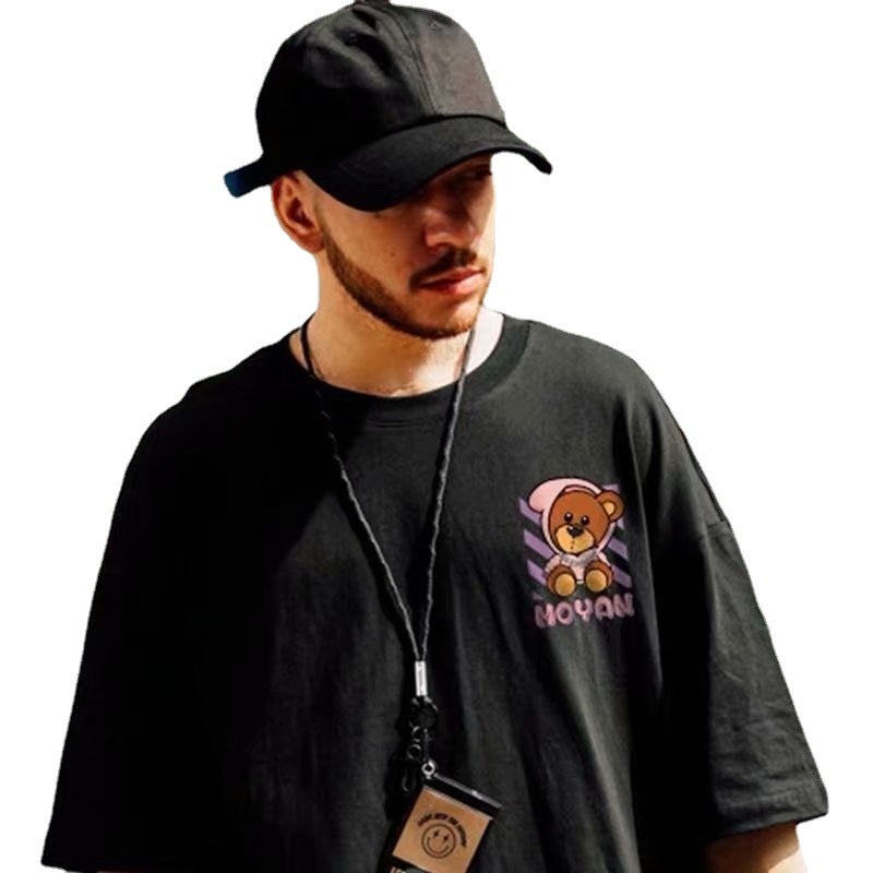 oversize Hong Kong style trendy brand national fashion hip hop bear short-sleeved T-shirt men's summer couple's half-sleeved T-shirt - Image 5
