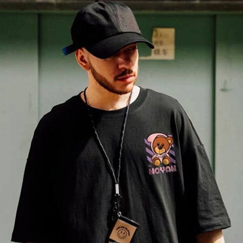 oversize Hong Kong style trendy brand national fashion hip hop bear short-sleeved T-shirt men's summer couple's half-sleeved T-shirt - Image 3