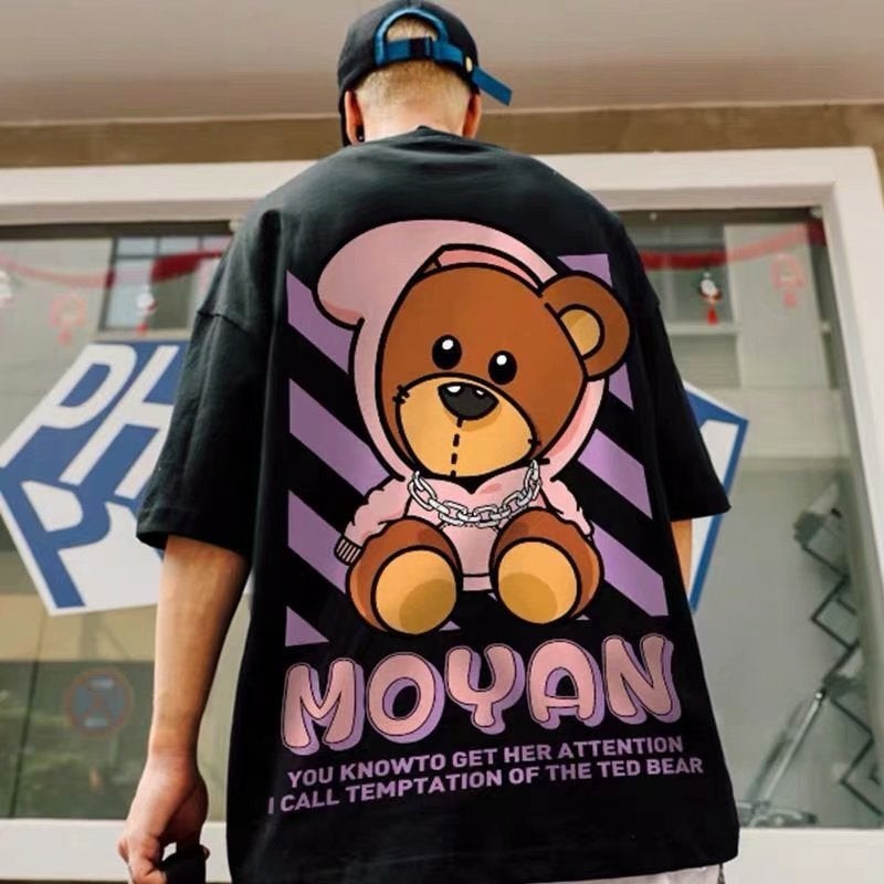oversize Hong Kong style trendy brand national fashion hip hop bear short-sleeved T-shirt men's summer couple's half-sleeved T-shirt - Image 2
