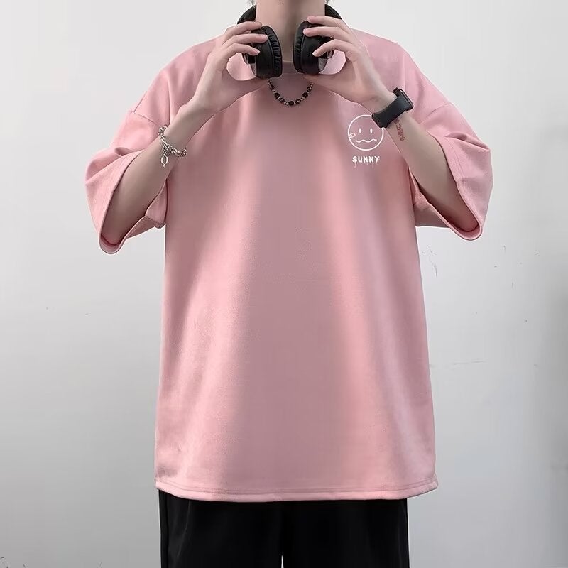 2024 Pink Heavy T-Shirt Men'S Suede Smiley Fashionable Short-Sleeved Summer American Large Size Half-Sleeved T-Shirt - Image 5