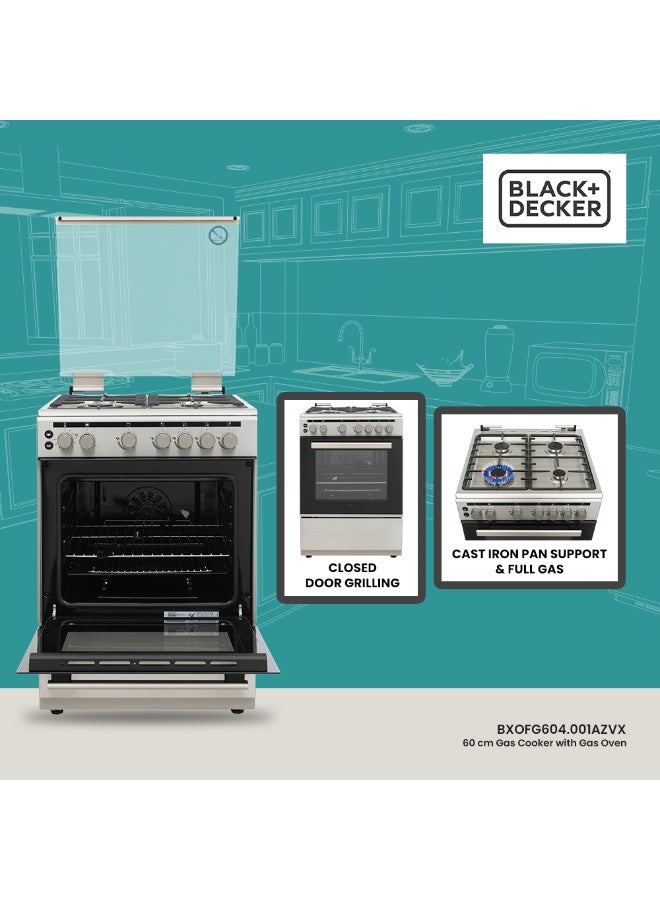 BLACK+DECKER 60cm Gas Cooker with 4 Gas Burners, WOK Burner, Gas Oven & Grill, Cast Iron Support, Safety FFD, Mechanical Timer BXOFG604.001AZVX Stainless Steel - Image 4