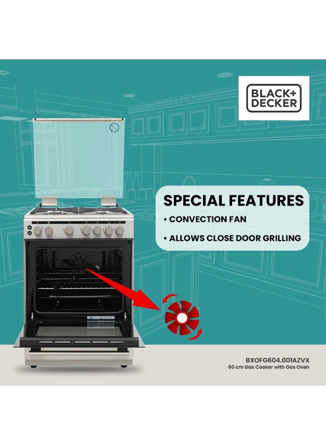 BLACK+DECKER 60cm Gas Cooker with 4 Gas Burners, WOK Burner, Gas Oven & Grill, Cast Iron Support, Safety FFD, Mechanical Timer BXOFG604.001AZVX Stainless Steel - Image 5