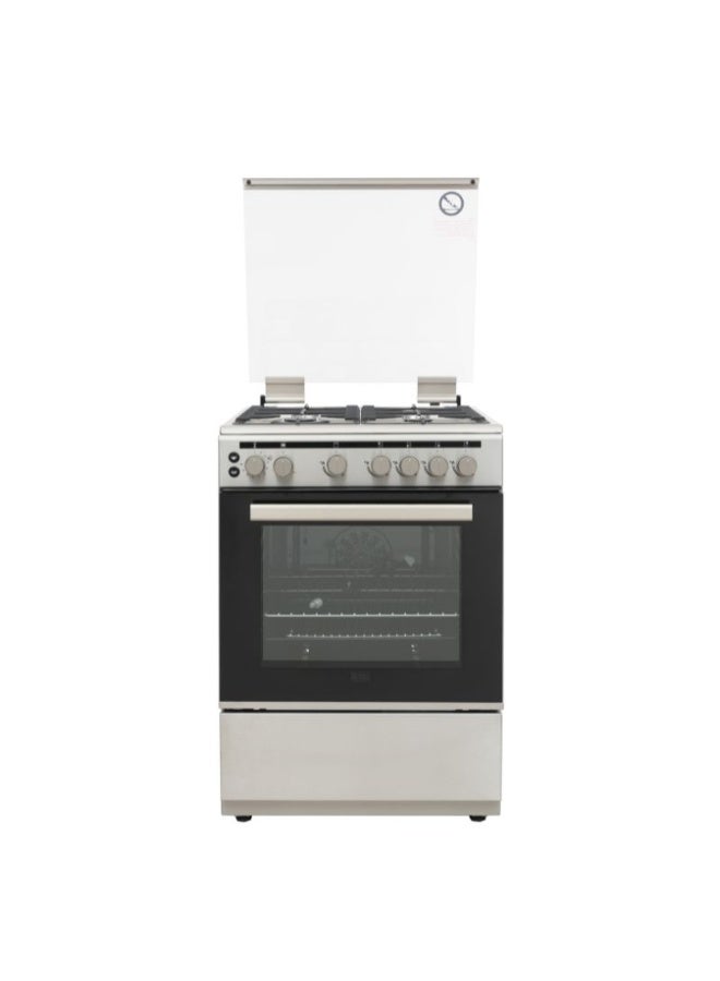 BLACK+DECKER 60cm Gas Cooker with 4 Gas Burners, WOK Burner, Gas Oven & Grill, Cast Iron Support, Safety FFD, Mechanical Timer BXOFG604.001AZVX Stainless Steel - Image 1