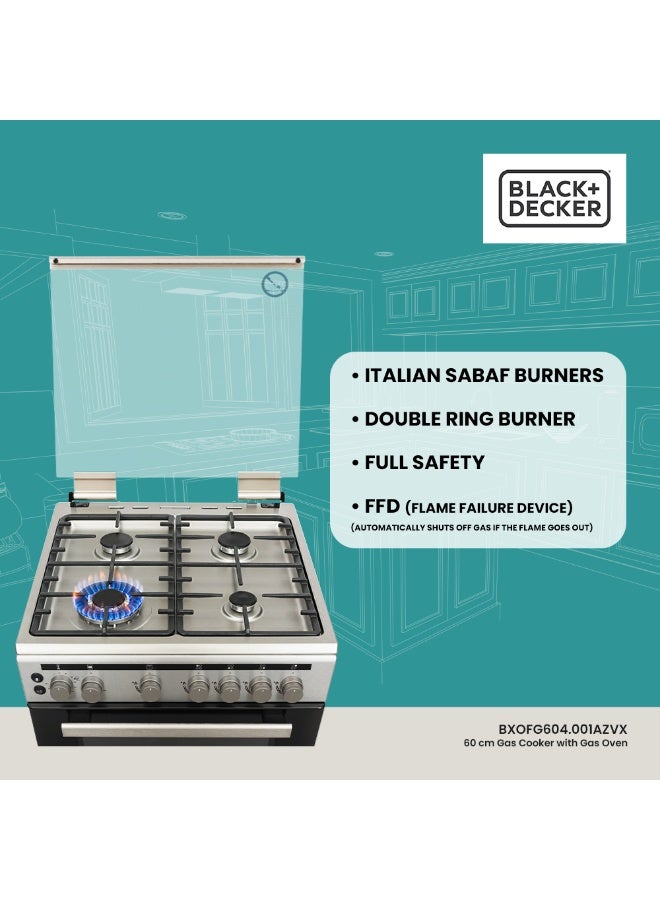 BLACK+DECKER 60cm Gas Cooker with 4 Gas Burners, WOK Burner, Gas Oven & Grill, Cast Iron Support, Safety FFD, Mechanical Timer BXOFG604.001AZVX Stainless Steel - Image 2