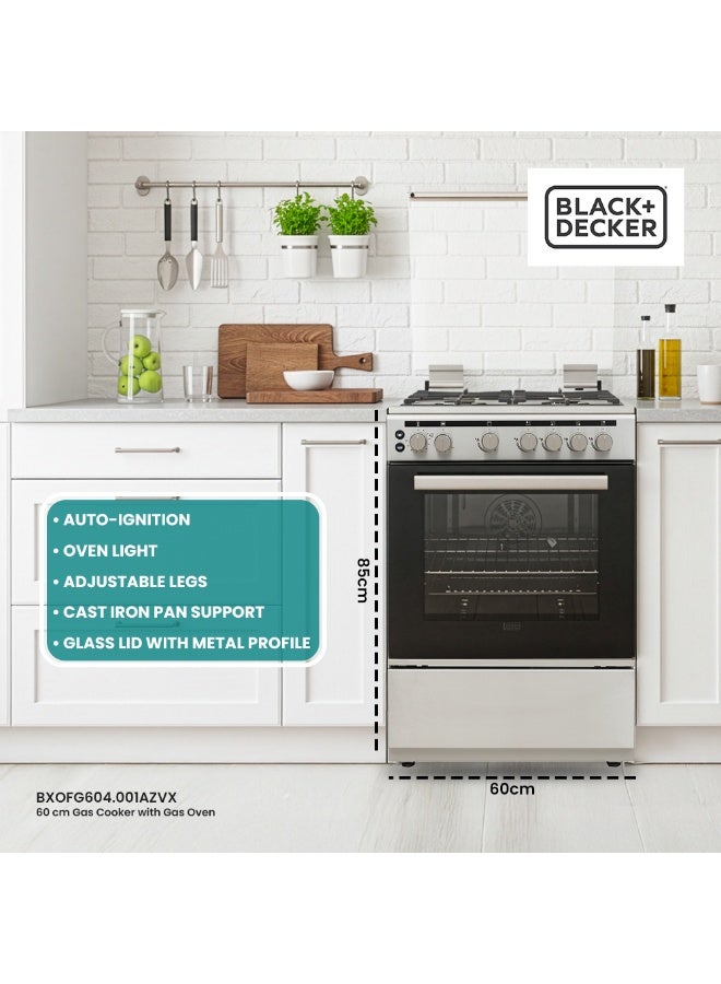 BLACK+DECKER 60cm Gas Cooker with 4 Gas Burners, WOK Burner, Gas Oven & Grill, Cast Iron Support, Safety FFD, Mechanical Timer BXOFG604.001AZVX Stainless Steel - Image 3