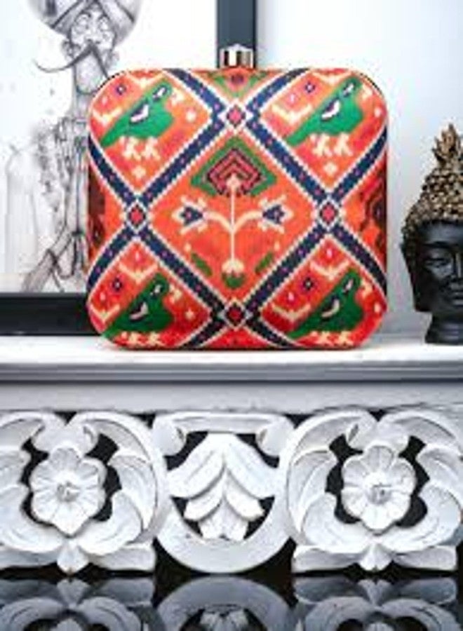 brown leaf Trendy Patola print Clutch Purse for Women with Sequin work shoulder strap for Wedding diwali Evening Party and Ethnic wear hand purse (Pack of 1) - Image 3