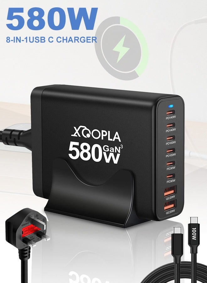 Xoopla 580W Type C Charger Fast Charging Station, 8 Port USB C Wall Charger Power Adapter Plug Cube With PD 100W Data Cable/Advanced GaN Technology, Desktop Laptop Charger Compatible for MacBook Air iPhone iPad Samsung Huawei Xiaomi and More - Image 1
