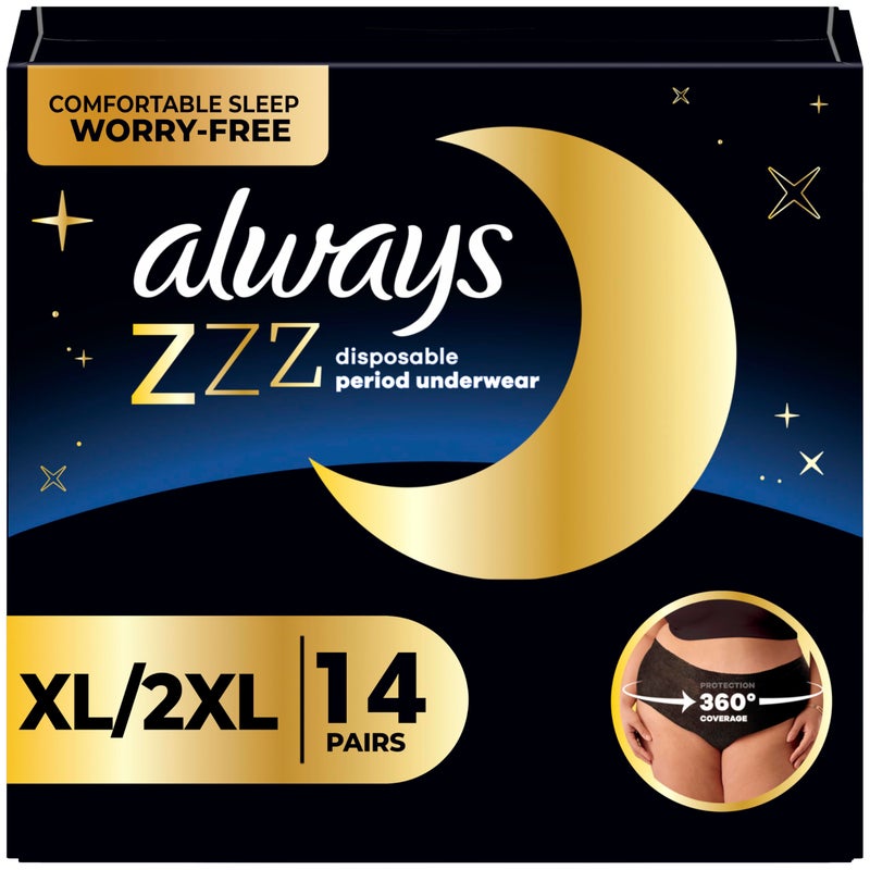 Always سروال الحيض القابل للتصرف من Always ZZZ للنساء بحجم XL2XL تغطية 360 لليالي الخالية من القلق ونوم مريح حماية من الحيض 7 قطع × 2 عبوة 14 قطعة إجمالي
