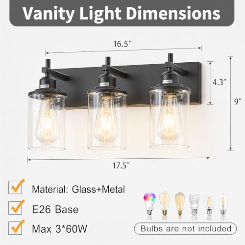 Lanhall 3-Light Black Bathroom Light Fixture Over Mirror Modern Farmhouse Bathroom Vanity Light Vintage Wall Lighting with Clear Glass Shade for Bathroom, Bedroom, Hallway, Cabinet - Image 5
