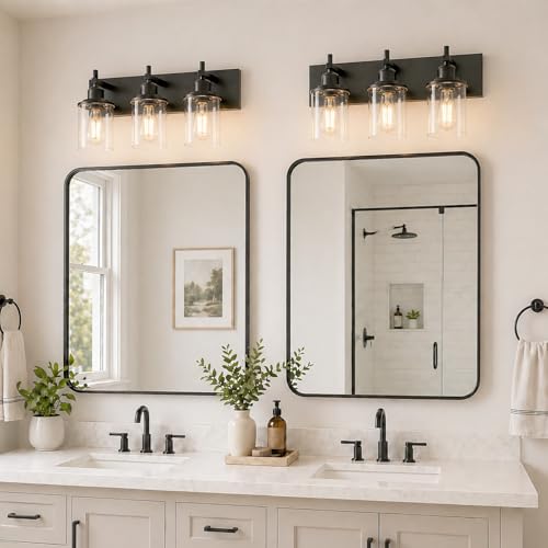 Lanhall 3-Light Black Bathroom Light Fixture Over Mirror Modern Farmhouse Bathroom Vanity Light Vintage Wall Lighting with Clear Glass Shade for Bathroom, Bedroom, Hallway, Cabinet - Image 2