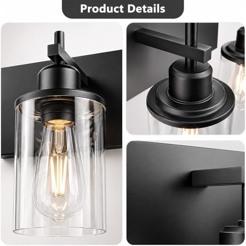 Lanhall 3-Light Black Bathroom Light Fixture Over Mirror Modern Farmhouse Bathroom Vanity Light Vintage Wall Lighting with Clear Glass Shade for Bathroom, Bedroom, Hallway, Cabinet - Image 4