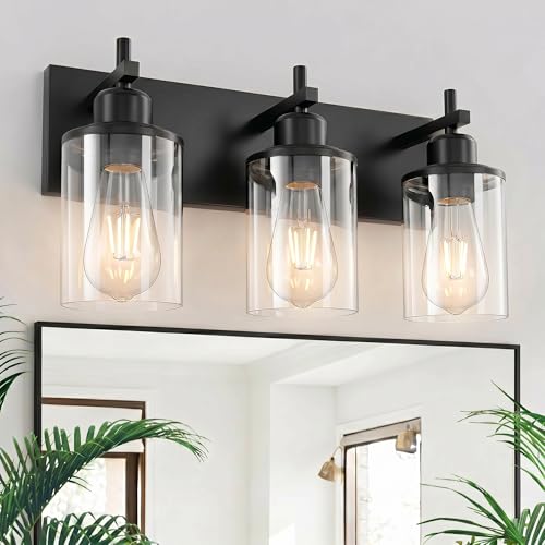 Lanhall 3-Light Black Bathroom Light Fixture Over Mirror Modern Farmhouse Bathroom Vanity Light Vintage Wall Lighting with Clear Glass Shade for Bathroom, Bedroom, Hallway, Cabinet - Image 1