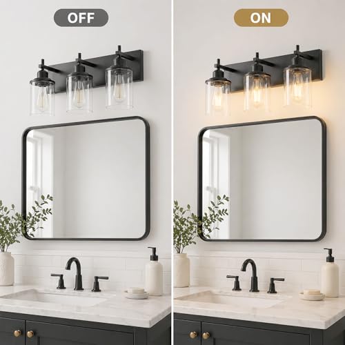 Lanhall 3-Light Black Bathroom Light Fixture Over Mirror Modern Farmhouse Bathroom Vanity Light Vintage Wall Lighting with Clear Glass Shade for Bathroom, Bedroom, Hallway, Cabinet - Image 3