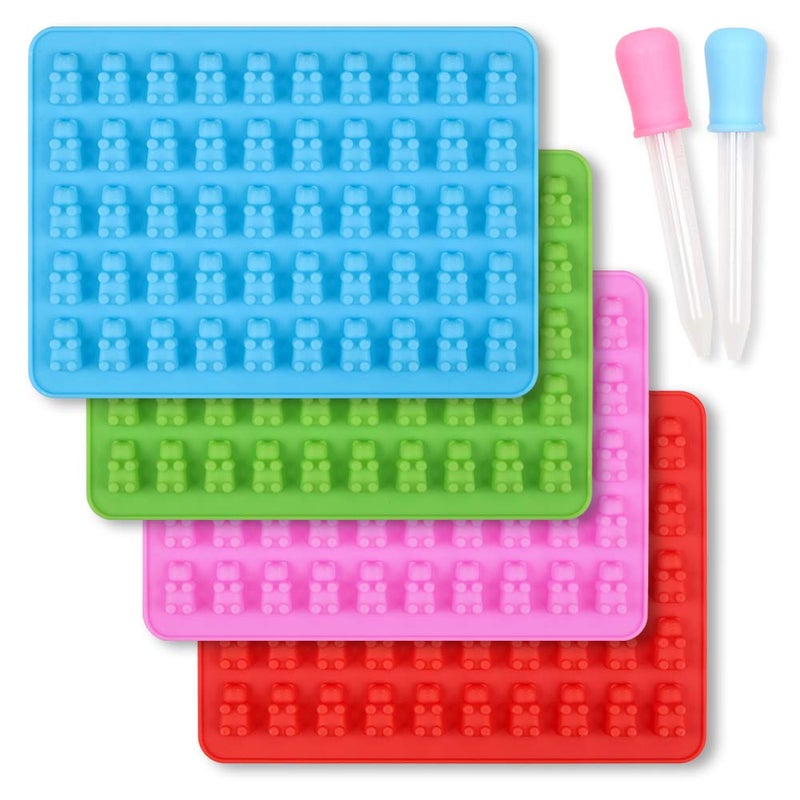 homEdge Silicone Gummy Bear Candy Molds, Set of 4 Packs Non Stick Food Grade Chocolate Gummy Mold Bonus with 2 Dropper-Blue, Red, Green and Pink - Image 1