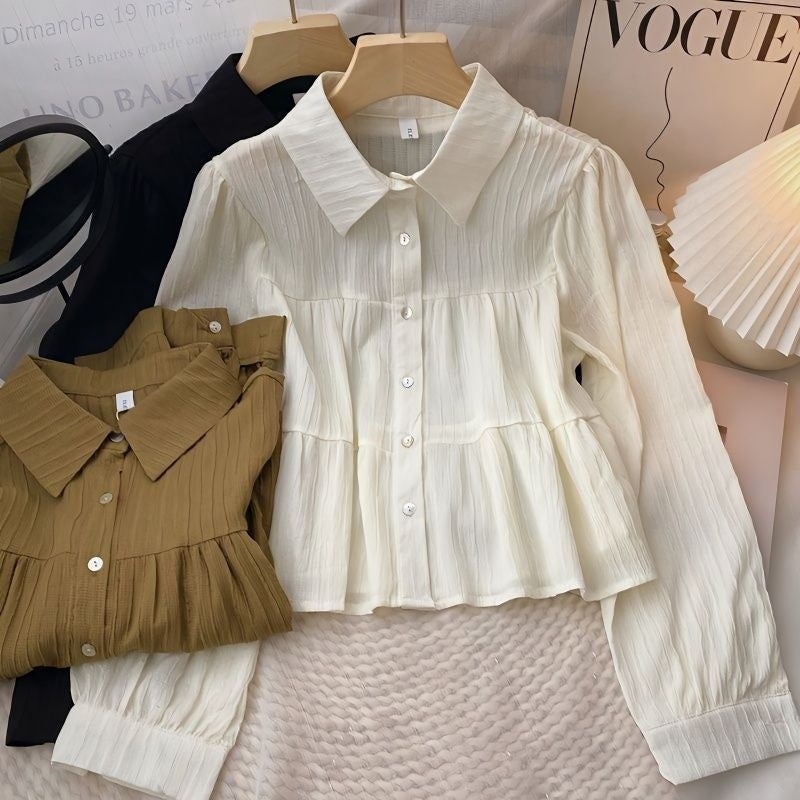 Solid Color Short Shirt Small Shirt Women'S 2024 Autumn New Korean Simple Loose All-Match Fashion Long-Sleeved Top - Image 2