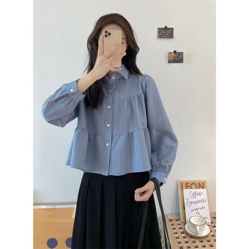 Solid Color Short Shirt Small Shirt Women'S 2024 Autumn New Korean Simple Loose All-Match Fashion Long-Sleeved Top - Image 5