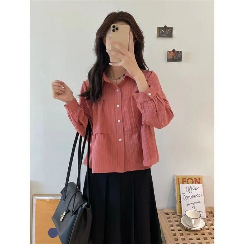 Solid Color Short Shirt Small Shirt Women'S 2024 Autumn New Korean Simple Loose All-Match Fashion Long-Sleeved Top - Image 3