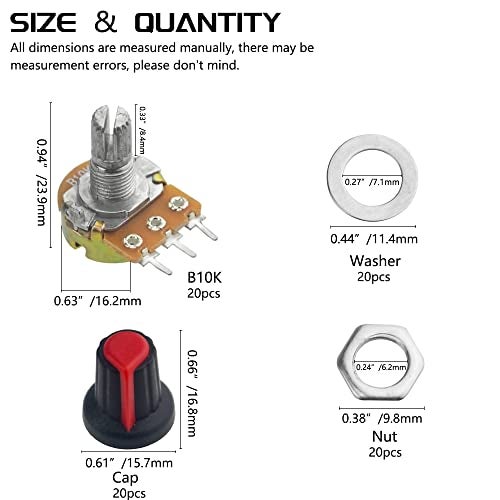 WMYCONGCONG 20 PCS B10K 10K Ohm Knurled Shaft Linear Rotary Taper Potentiometer with Knob (B10K) - Image 2