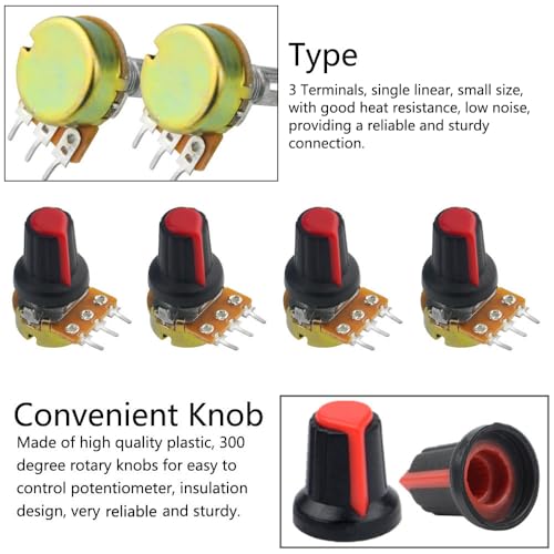WMYCONGCONG 20 PCS B10K 10K Ohm Knurled Shaft Linear Rotary Taper Potentiometer with Knob (B10K) - Image 3