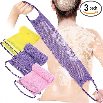 Prasacco 3 Pcs African Exfoliating Net Sponges Exfoliating Back Scrubber for Shower Long African Exfoliating Net Washcloth Body Shower Loofahs Cloth Body Back Scrubber for Women Men PurplePinkYellow - Image 1