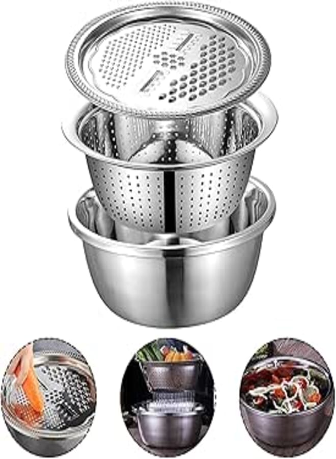 Basin Stainless Steel Grater With Vegetable Cutter And Rice Sieve 3Pcs/Set Multifunctional Food Basin Bowl Food Drainer Colander Grater Slicer Set Multifunctional Kitchen Tools (Color : 26Cm)