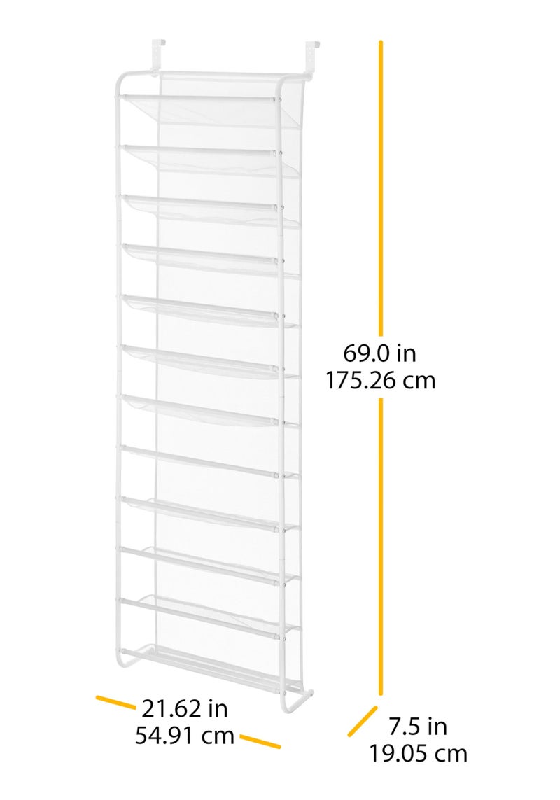 Whitmor 36 Pair Over The Door Shoe Organizer, 12 Tier Hanging Shoe Organizer, Heavy Duty Metal & Mesh Shoe Holder, Hanging Shoe Rack for Closet Organizer & Storage, 69"L x 21.7"W x 7.5"H, White - Image 4