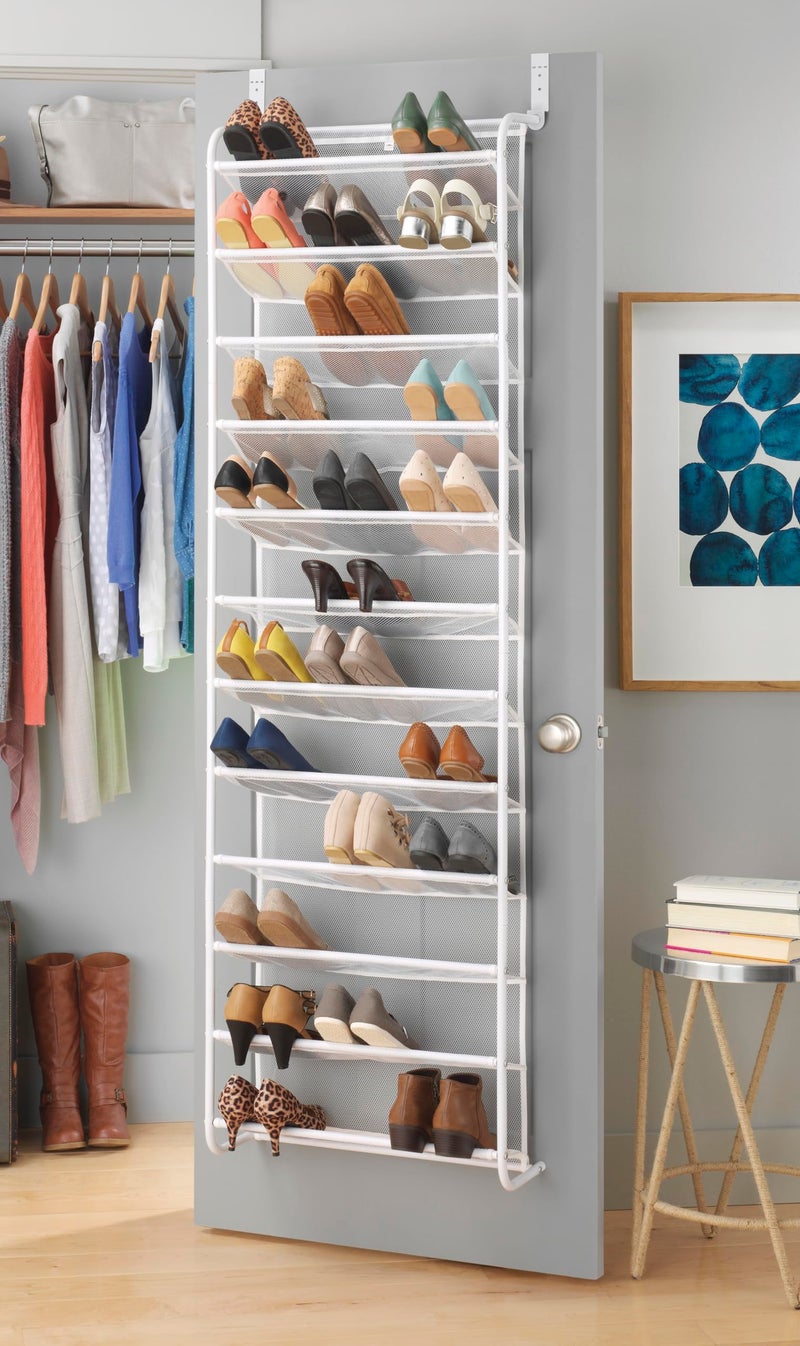 Whitmor 36 Pair Over The Door Shoe Organizer, 12 Tier Hanging Shoe Organizer, Heavy Duty Metal & Mesh Shoe Holder, Hanging Shoe Rack for Closet Organizer & Storage, 69"L x 21.7"W x 7.5"H, White - Image 1