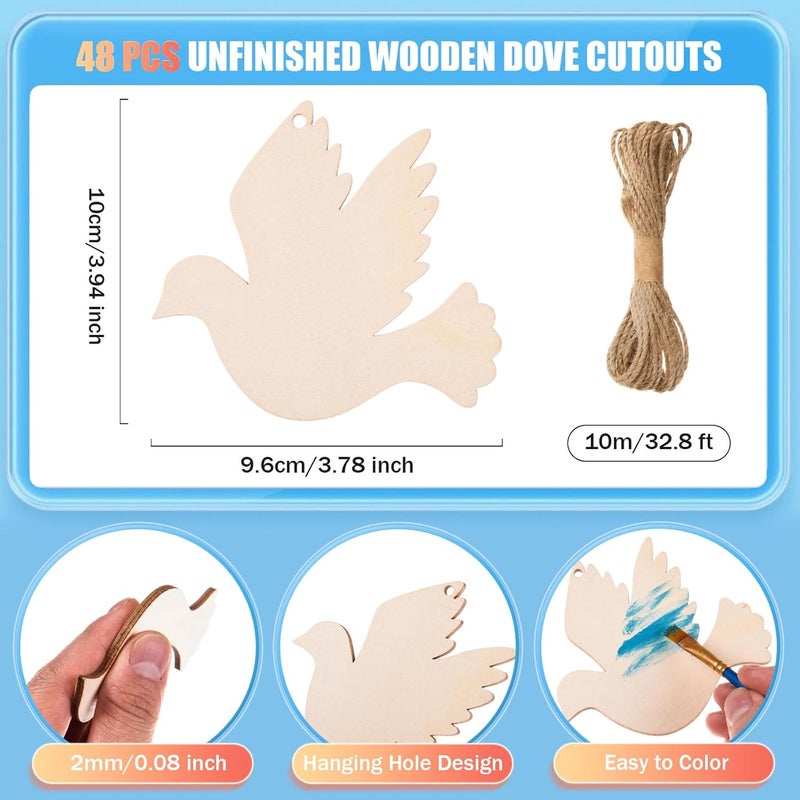 AWIZOM 48 Pcs Wooden Bird Shaped Cutouts Unfinished Wood Dove Shape Ornaments Blank Wooden Birds to Paint Wood Birds Slices with Twine for DIY Craft Tags Birthday Baby Shower Hanging Decor394x378 - Image 2
