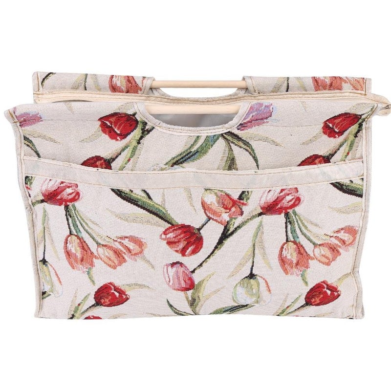 Knitting Tote Bag,Exquisite Practical Wood Handle Woven Fabric Storage Bag for Knitting Needles Sewing Tools(Red Flower)